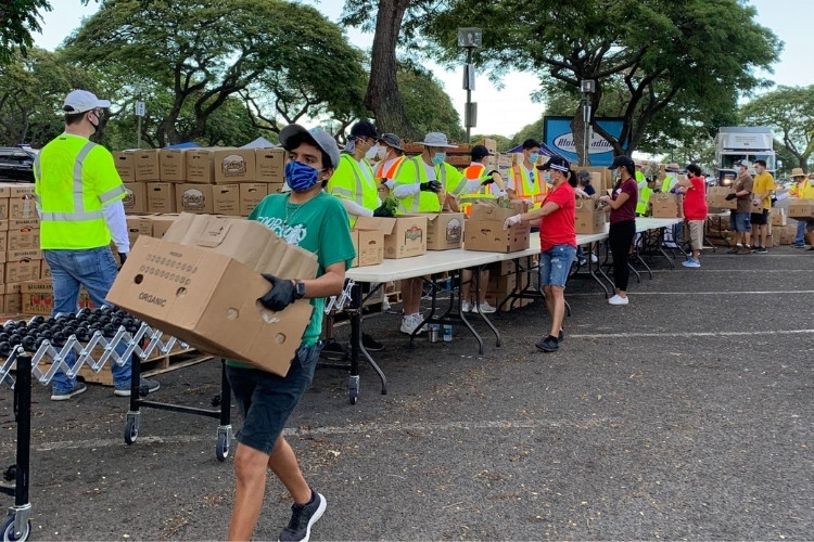 Young volunteer at food drive in Hawaii