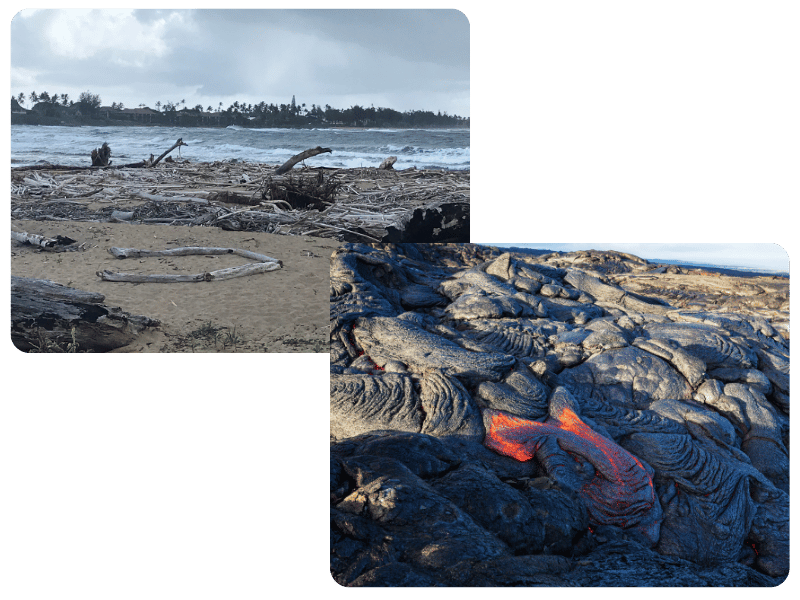 beach debris and lava flow pictures overlapping